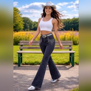 NWT Risen Women's Black Flared Jeans with Silver Fringe Accents Size 15